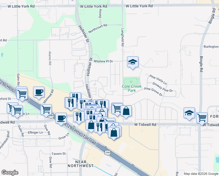 map of restaurants, bars, coffee shops, grocery stores, and more near 6303 Wilshire Ridge in Houston