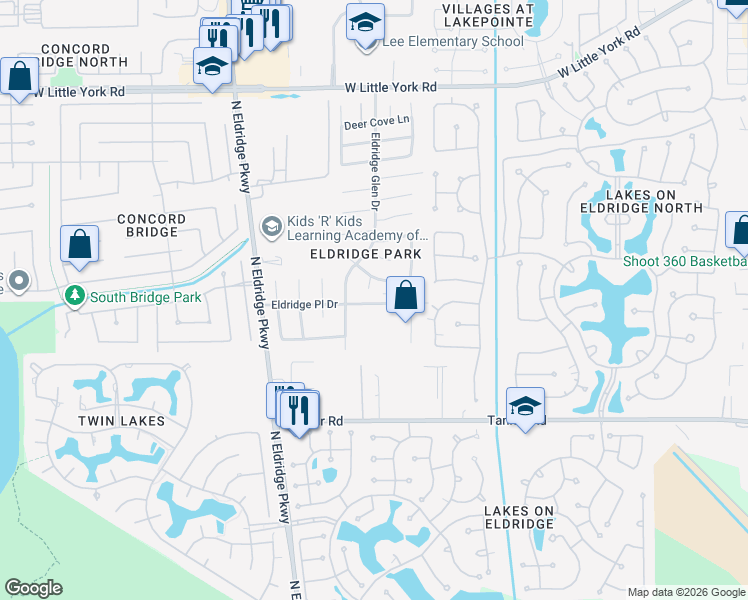 map of restaurants, bars, coffee shops, grocery stores, and more near 12907 Eldridge Place Drive in Houston