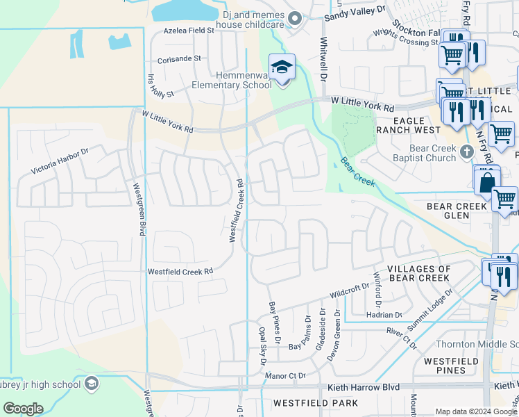 map of restaurants, bars, coffee shops, grocery stores, and more near 21403 Chatfield Bend Way in Katy