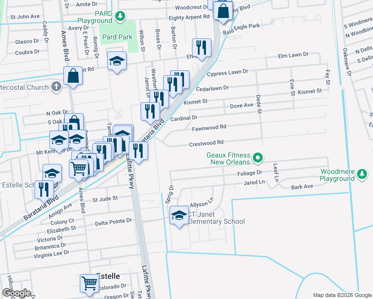 map of restaurants, bars, coffee shops, grocery stores, and more near 2517 Long Branch Drive in Marrero