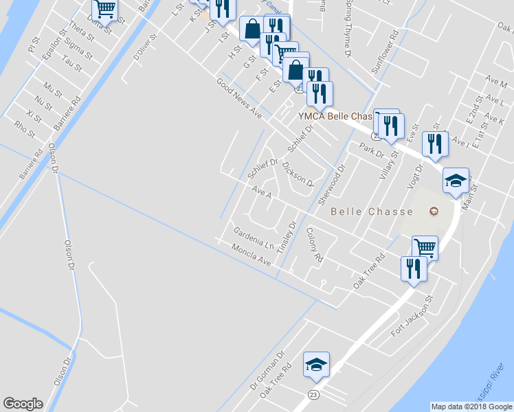 map of restaurants, bars, coffee shops, grocery stores, and more near 105 Lake Park Drive in Belle Chasse