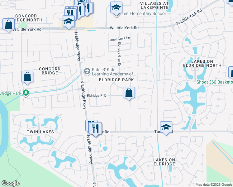 map of restaurants, bars, coffee shops, grocery stores, and more near 5819 Song Ridge Court in Houston