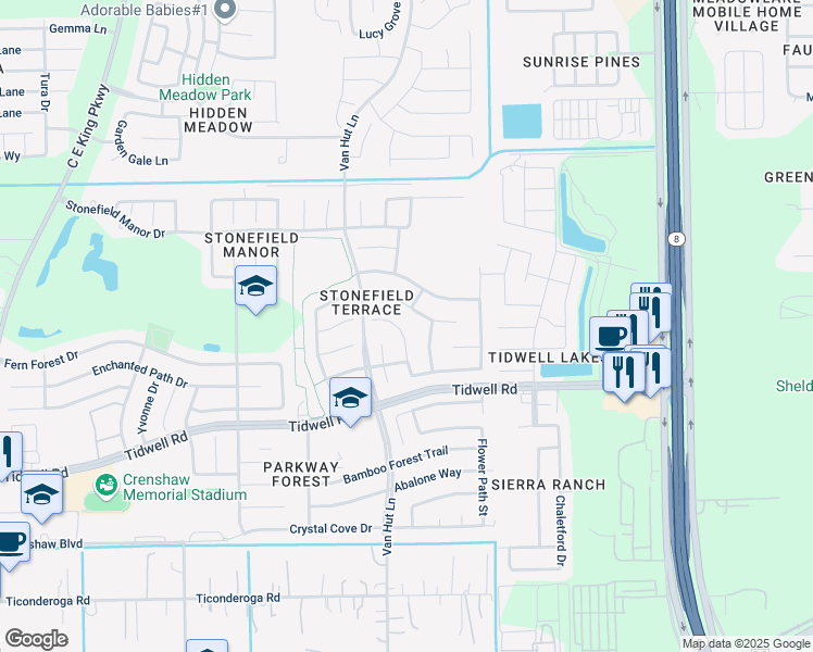 map of restaurants, bars, coffee shops, grocery stores, and more near 13043 Sandhill Park Lane in Houston