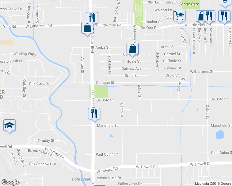 map of restaurants, bars, coffee shops, grocery stores, and more near 3204 De Soto Street in Houston