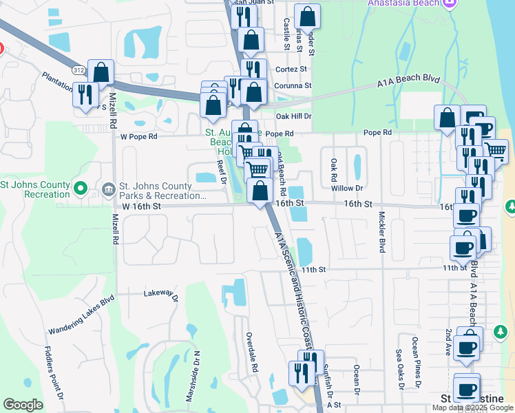 map of restaurants, bars, coffee shops, grocery stores, and more near 2185 Florida A1A in St. Augustine Beach