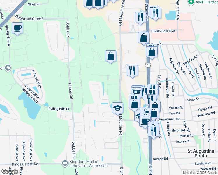 map of restaurants, bars, coffee shops, grocery stores, and more near 88 Grand Park Ridge Lane in St. Augustine