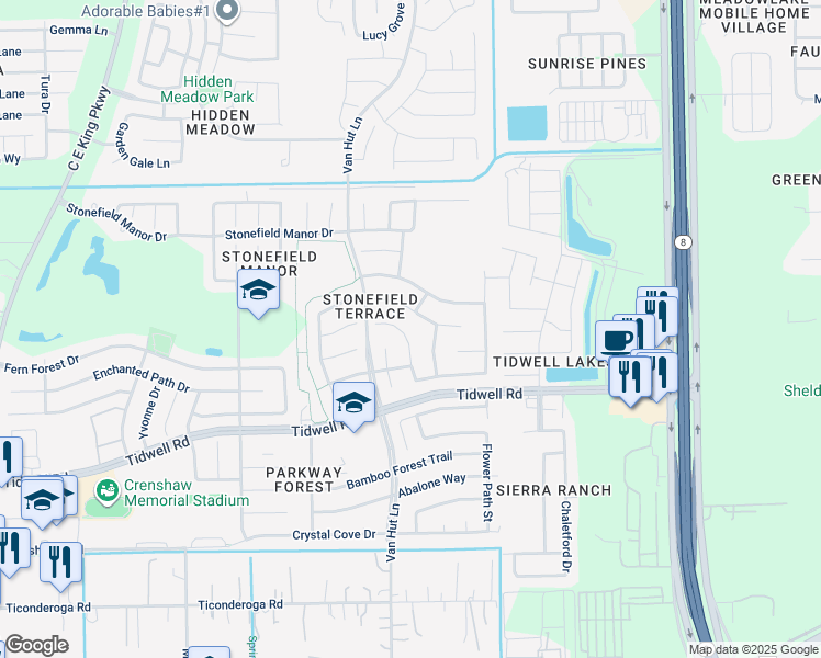 map of restaurants, bars, coffee shops, grocery stores, and more near 13043 Sandhill Park Lane in Houston