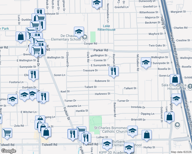 map of restaurants, bars, coffee shops, grocery stores, and more near 234 Treasure Drive in Houston