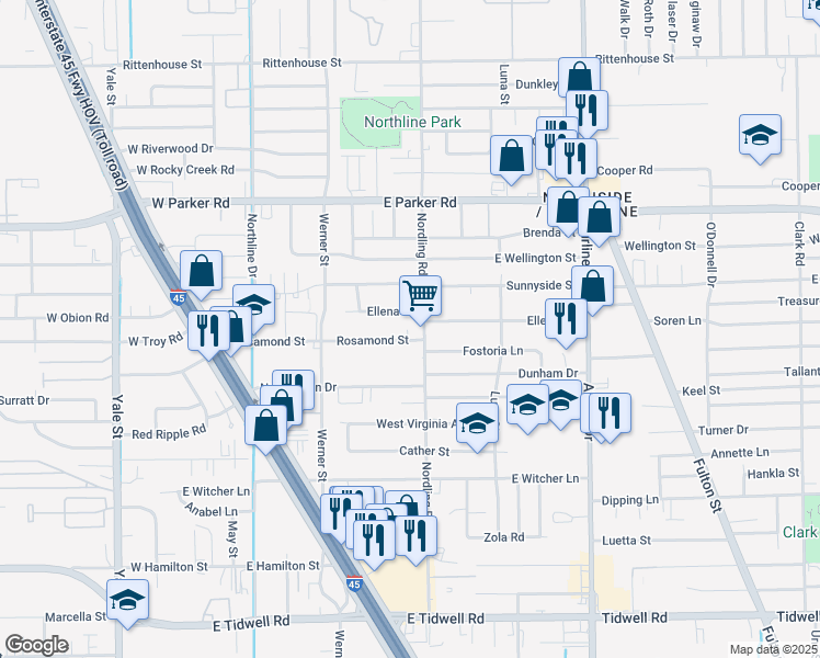 map of restaurants, bars, coffee shops, grocery stores, and more near 6308 Nordling Road in Houston