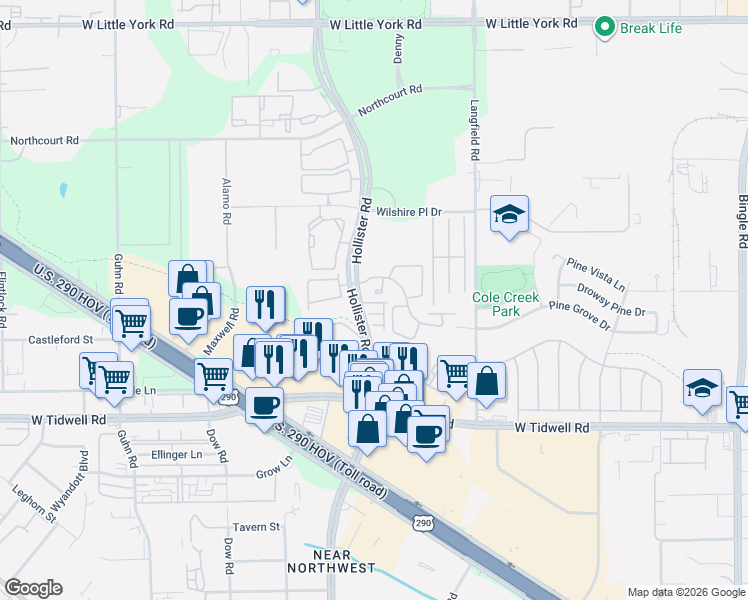 map of restaurants, bars, coffee shops, grocery stores, and more near 6000 Hollister Road in Houston