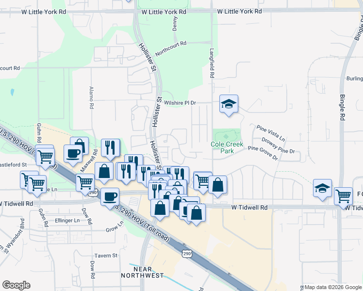 map of restaurants, bars, coffee shops, grocery stores, and more near 6000 Hollister Street in Houston