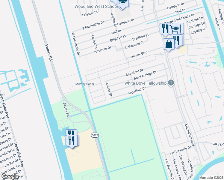 map of restaurants, bars, coffee shops, grocery stores, and more near 2244 Breckenridge Drive in Harvey