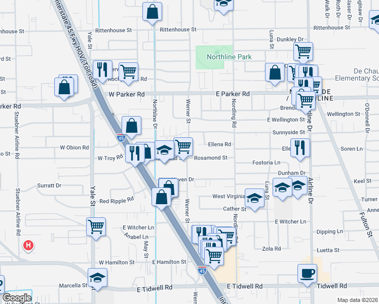 map of restaurants, bars, coffee shops, grocery stores, and more near 313 Sunnyside Street in Houston