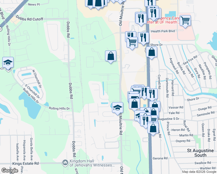 map of restaurants, bars, coffee shops, grocery stores, and more near 88 Grand Park Ridge Lane in St. Augustine