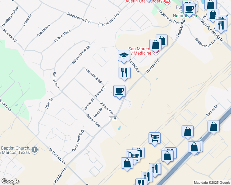 map of restaurants, bars, coffee shops, grocery stores, and more near 2600 Hunter Road in San Marcos