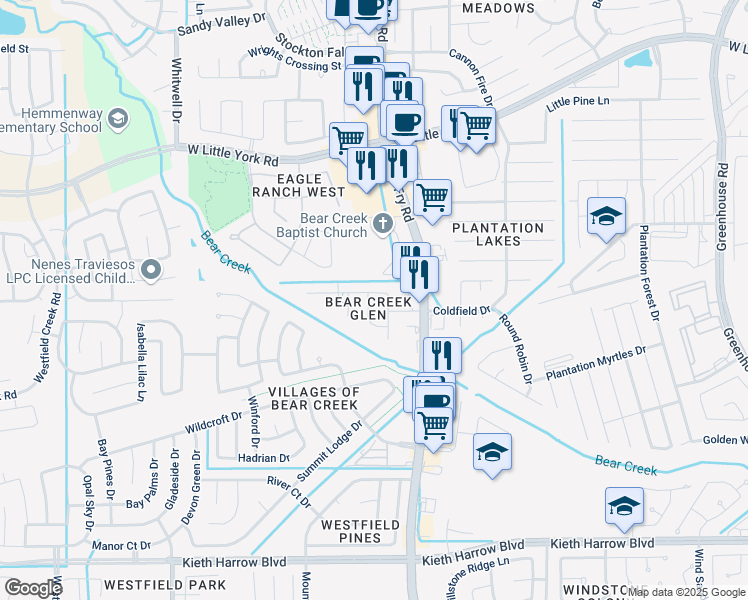 map of restaurants, bars, coffee shops, grocery stores, and more near 20038 Bluecreek Ridge in Katy