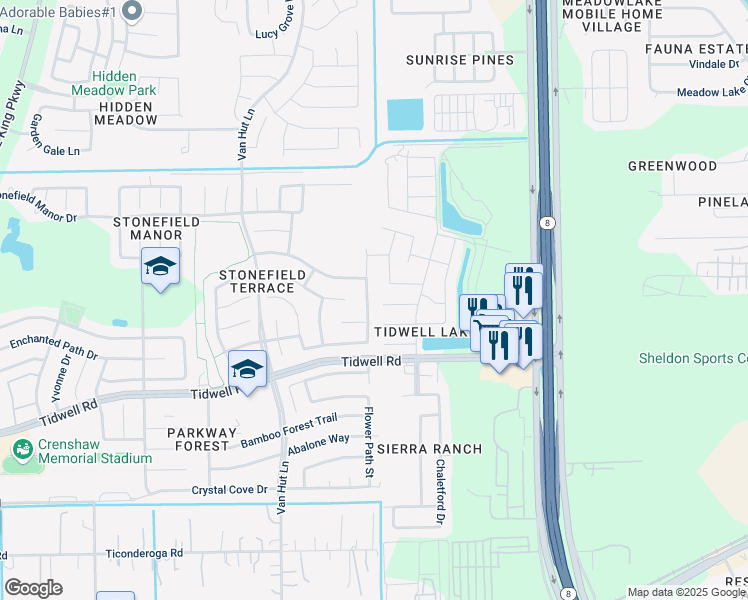 map of restaurants, bars, coffee shops, grocery stores, and more near 9110 Highland Lodge Lane in Houston