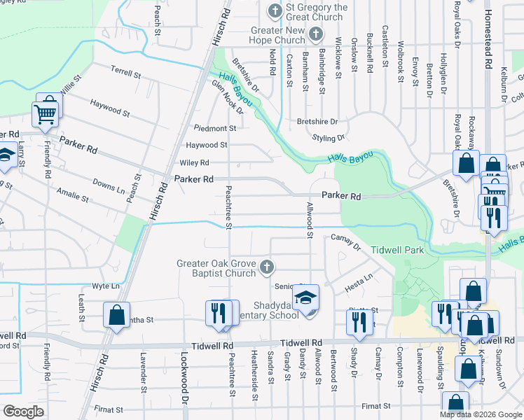 map of restaurants, bars, coffee shops, grocery stores, and more near 5436 Westbrook Road in Houston