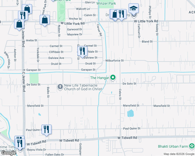 map of restaurants, bars, coffee shops, grocery stores, and more near 6238 Carver Road in Houston