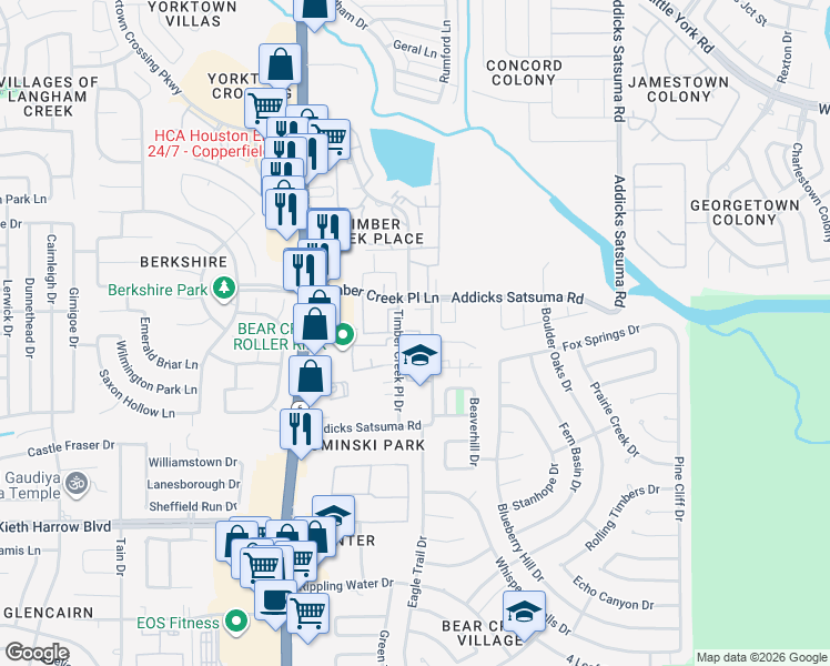 map of restaurants, bars, coffee shops, grocery stores, and more near 12 Timber Creek Place Drive in Houston