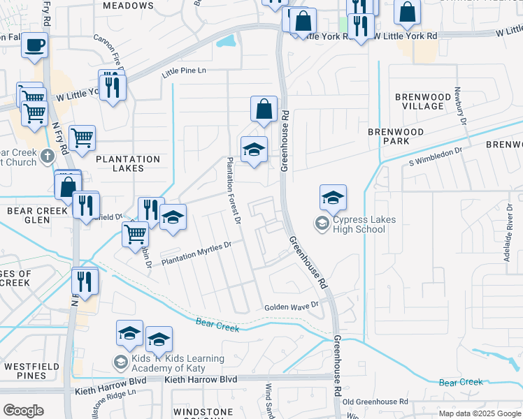 map of restaurants, bars, coffee shops, grocery stores, and more near 5730 Plantation Forest Drive in Katy