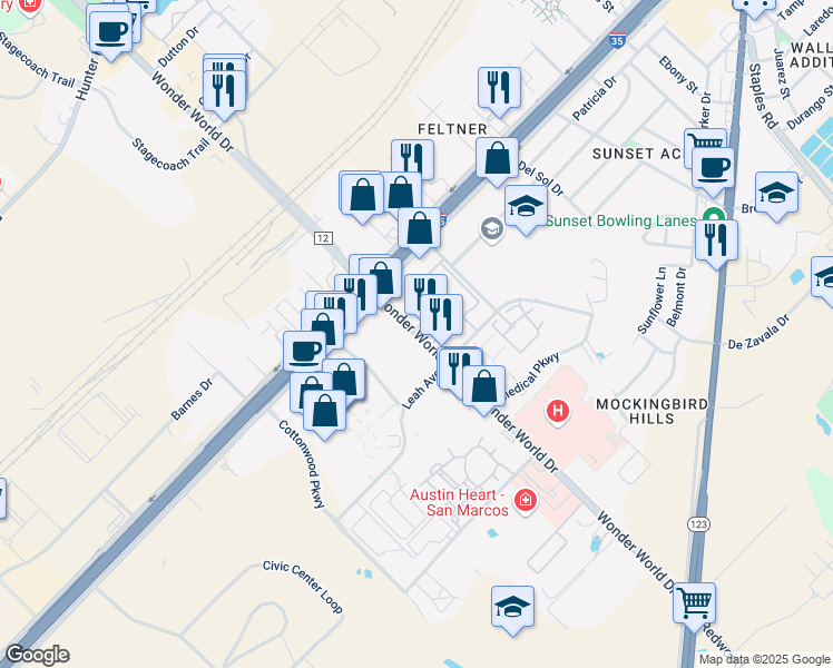 map of restaurants, bars, coffee shops, grocery stores, and more near 9 Wonder World Drive in San Marcos