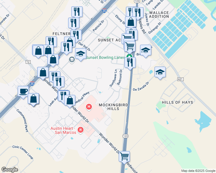 map of restaurants, bars, coffee shops, grocery stores, and more near 1404 Sunflower Lane in San Marcos