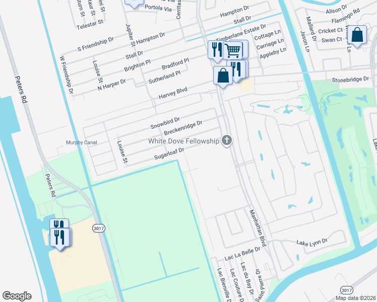 map of restaurants, bars, coffee shops, grocery stores, and more near 2101 Sugarloaf Drive in Harvey
