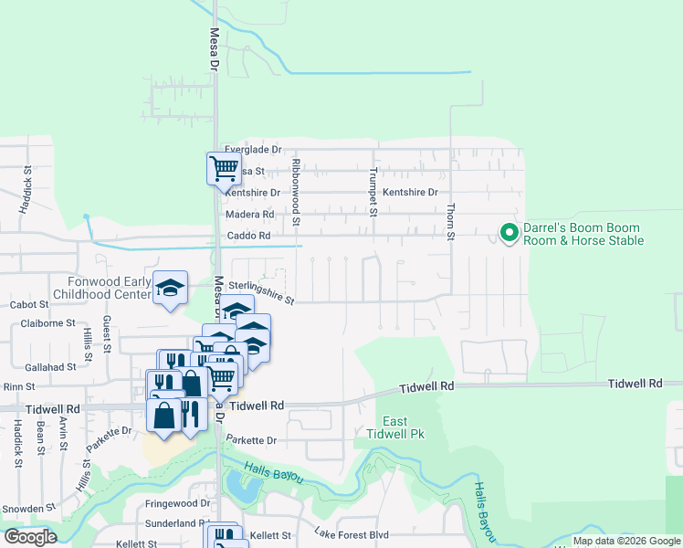 map of restaurants, bars, coffee shops, grocery stores, and more near 9838 Balsam Lane in Houston