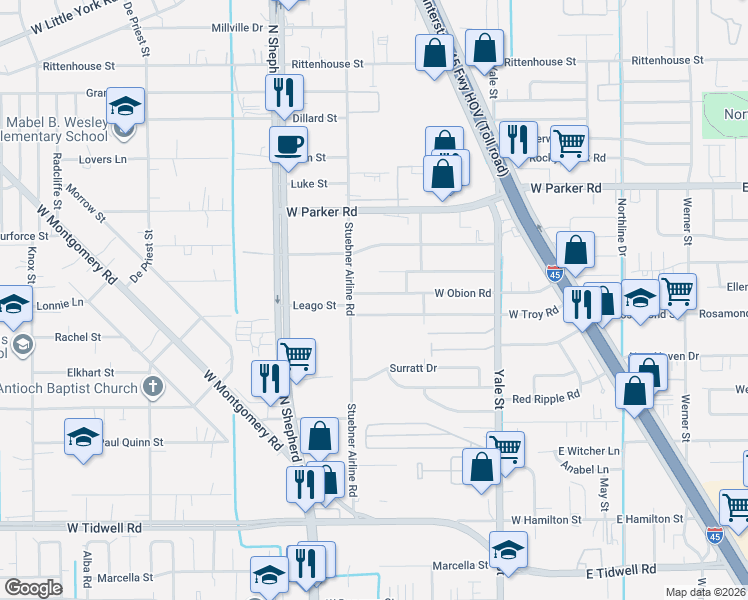 map of restaurants, bars, coffee shops, grocery stores, and more near 536 West Obion Road in Houston