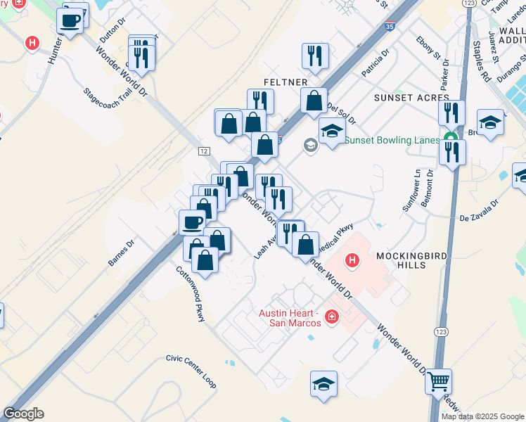 map of restaurants, bars, coffee shops, grocery stores, and more near 9 Wonder World Drive in San Marcos