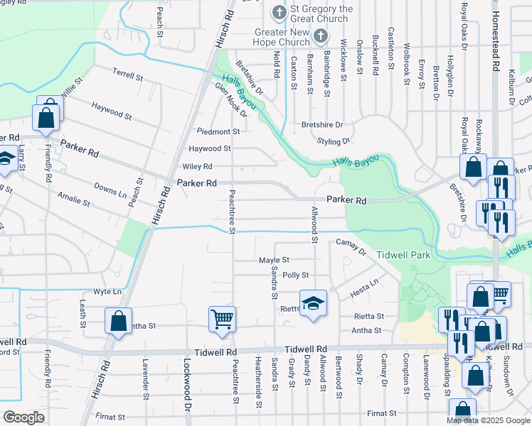 map of restaurants, bars, coffee shops, grocery stores, and more near 5436 Westbrook Road in Houston