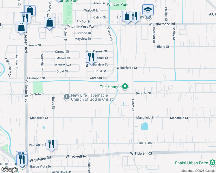 map of restaurants, bars, coffee shops, grocery stores, and more near 6238 Carver Road in Houston