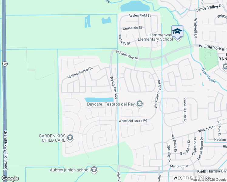 map of restaurants, bars, coffee shops, grocery stores, and more near 5406 Clover Blossom Lane in Katy