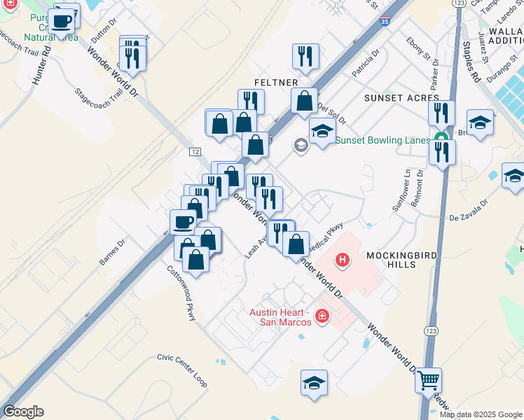 map of restaurants, bars, coffee shops, grocery stores, and more near 1011 Wonder World Drive in San Marcos