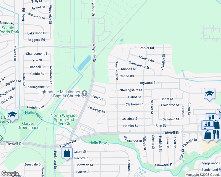 map of restaurants, bars, coffee shops, grocery stores, and more near 9833 Greenwich Street in Houston
