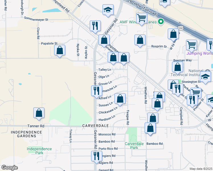 map of restaurants, bars, coffee shops, grocery stores, and more near 10134 Grover Lane in Houston