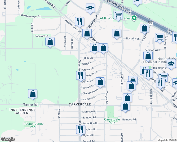 map of restaurants, bars, coffee shops, grocery stores, and more near 10134 Grover Lane in Houston