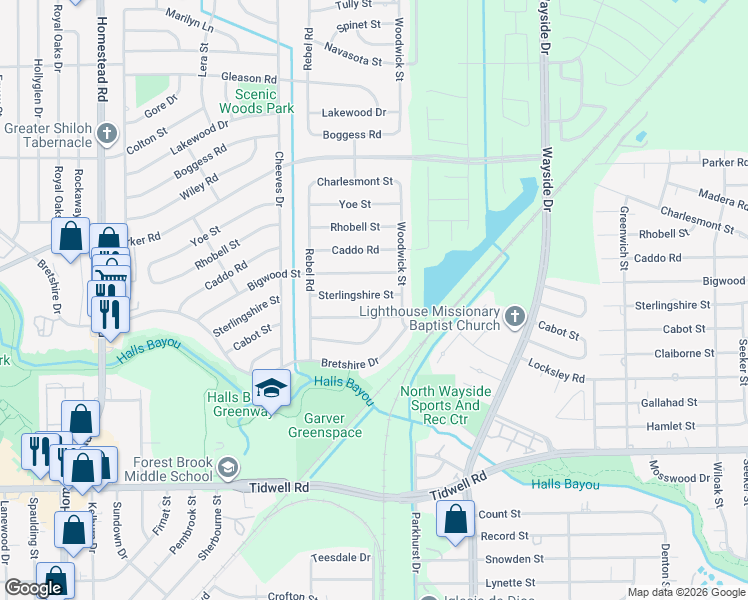 map of restaurants, bars, coffee shops, grocery stores, and more near 7714 Sterlingshire Street in Houston
