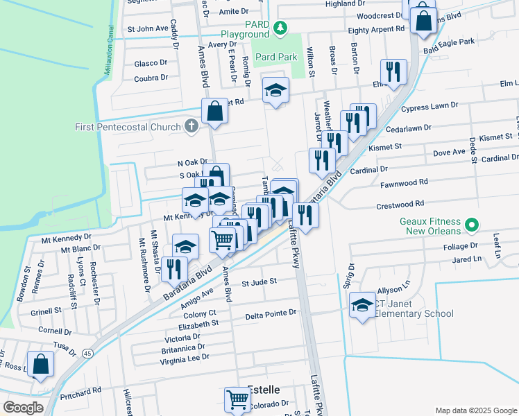 map of restaurants, bars, coffee shops, grocery stores, and more near 3453 Tambour Drive in Marrero