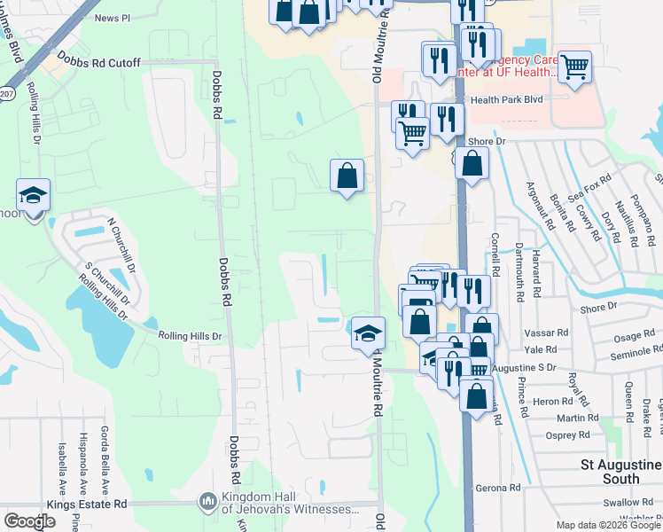 map of restaurants, bars, coffee shops, grocery stores, and more near 88 Grand Park Ridge Lane in St. Augustine