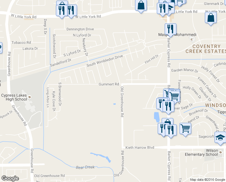 map of restaurants, bars, coffee shops, grocery stores, and more near 18702 Gummert Rd in Katy