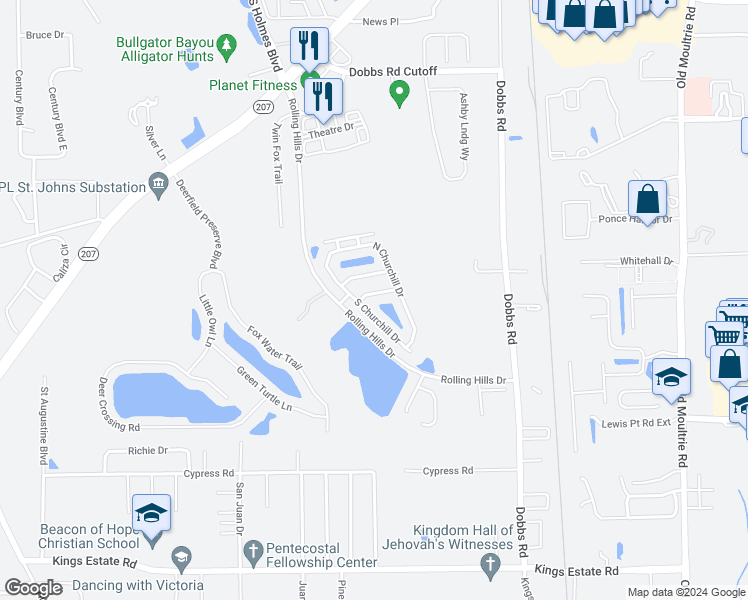 map of restaurants, bars, coffee shops, grocery stores, and more near 509 Chadwick Drive in St. Augustine