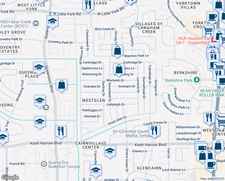 map of restaurants, bars, coffee shops, grocery stores, and more near 16919 Grampin Drive in Houston