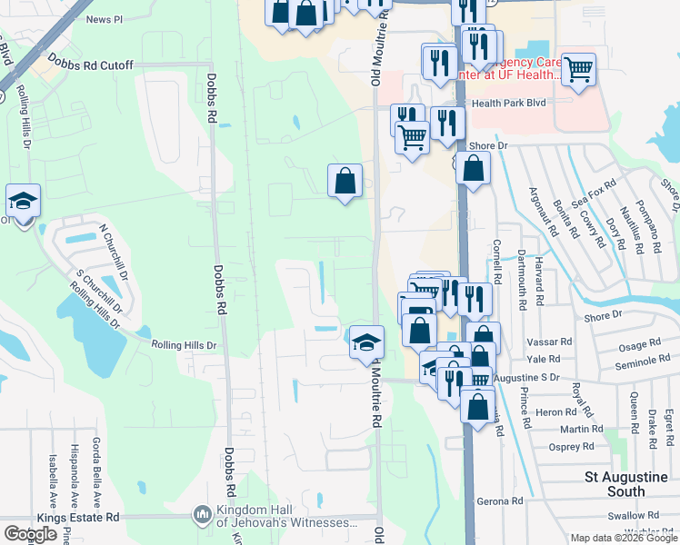map of restaurants, bars, coffee shops, grocery stores, and more near 88 Grand Park Ridge Lane in St. Augustine
