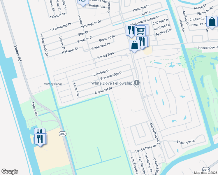 map of restaurants, bars, coffee shops, grocery stores, and more near 2101 Sugarloaf Drive in Harvey