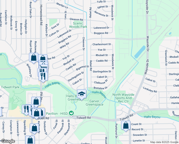 map of restaurants, bars, coffee shops, grocery stores, and more near 9929 Rebel Road in Houston