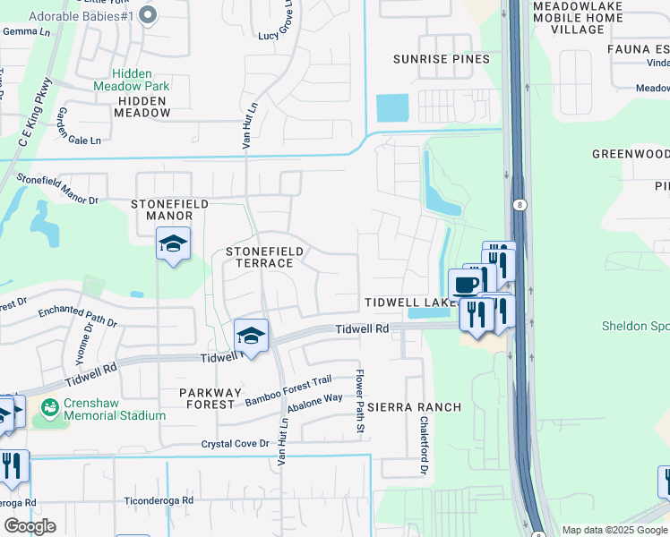 map of restaurants, bars, coffee shops, grocery stores, and more near 13126 Terrace Run Lane in Houston
