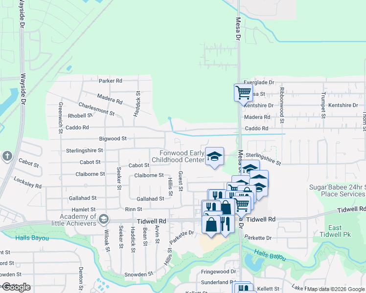 map of restaurants, bars, coffee shops, grocery stores, and more near 9855 Guest Street in Houston
