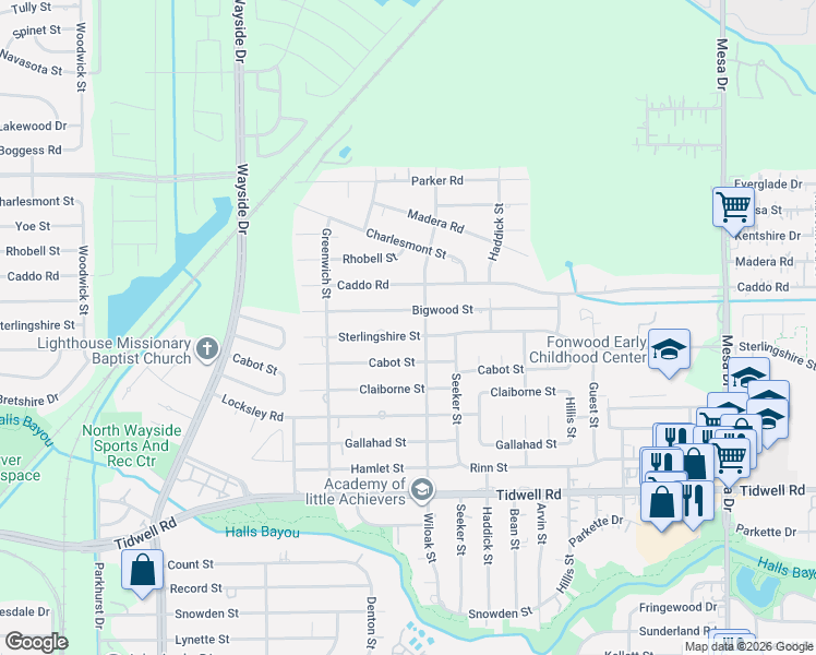 map of restaurants, bars, coffee shops, grocery stores, and more near 8221 Bigwood Street in Houston